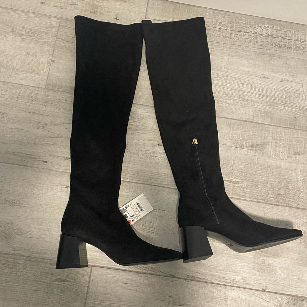 Women’s Zara Black Suede Over the Knee High Block Heel Boots Shoes 8 size 39 NWT